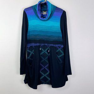 Dolcezza Black, Purple, Turquoise Cowl Neck Long Sleeve Drawstring Waist Top